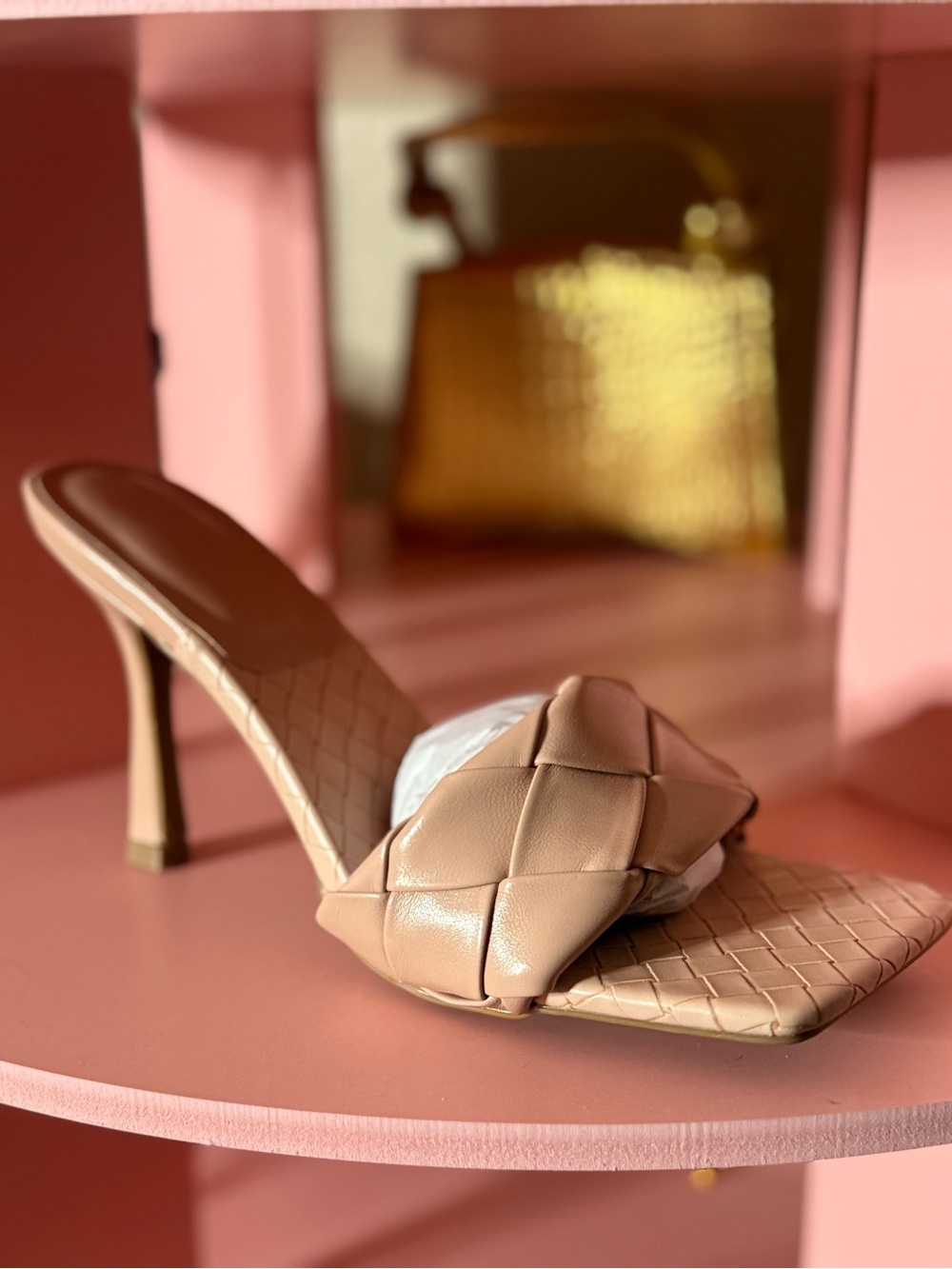 Woven Strap Nude Leather High Heel Mule